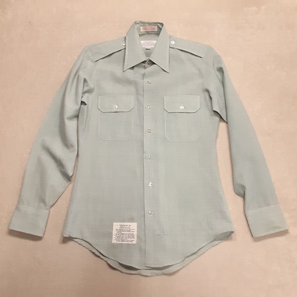 Creighton Mens Vintage LS Button Shirt 14.5-33 Green Wool Blend Epaulets